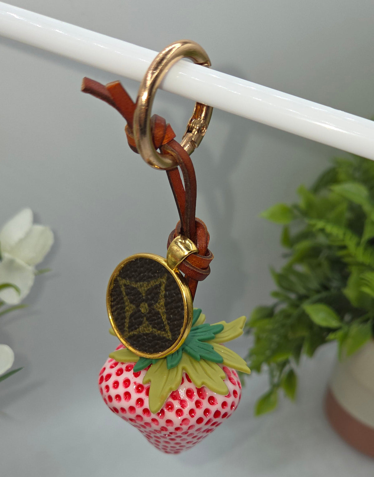 Upcycled Strawberry Key Ring with Authentic LV Canvas