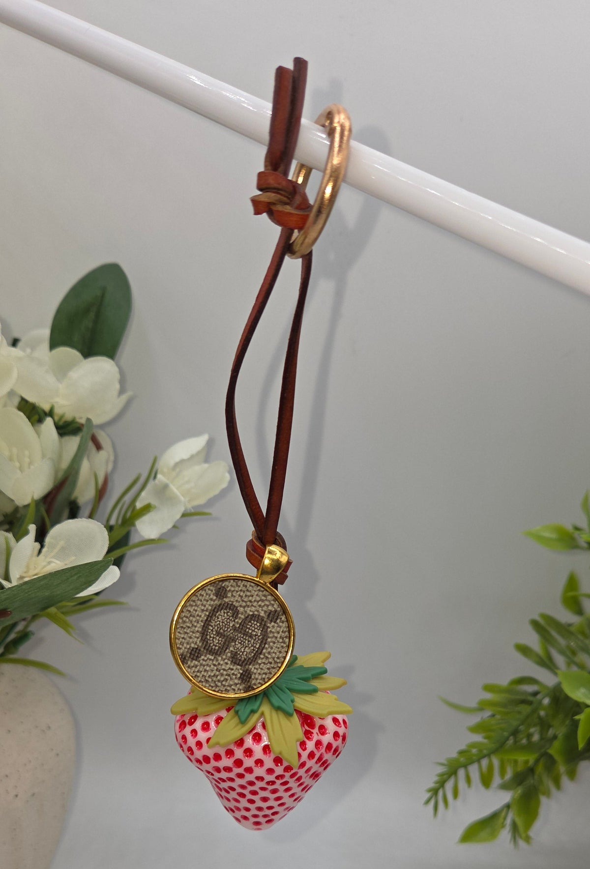 Upcycled Strawberry Key Ring with Authentic Gucci Canvas