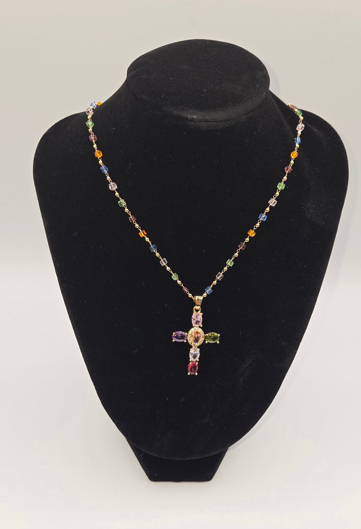 Gold Space Beader Cross Pendant Necklace