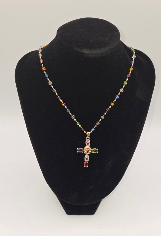 Gold Space Beader Cross Pendant Necklace