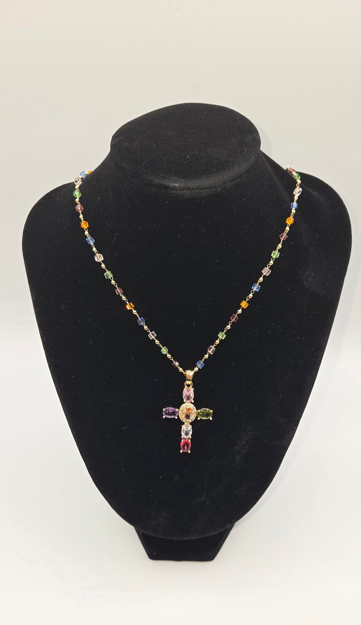 Gold Space Beader Cross Pendant Necklace