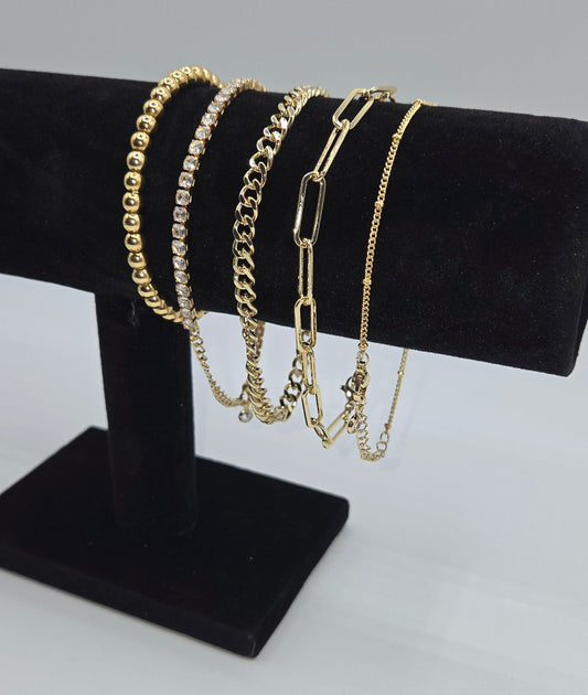 14K Gold-Plated 5-Piece Stackable Chain Bracelet Set